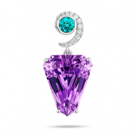 14K 17.98ct Fancy Cut Kunzite 0.44ct Round Paraiba 0.21cttw VS White Diamonds Pendant