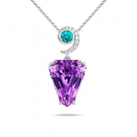 14K 17.98ct Fancy Cut Kunzite 0.44ct Round Paraiba 0.21cttw VS White Diamonds Pendant