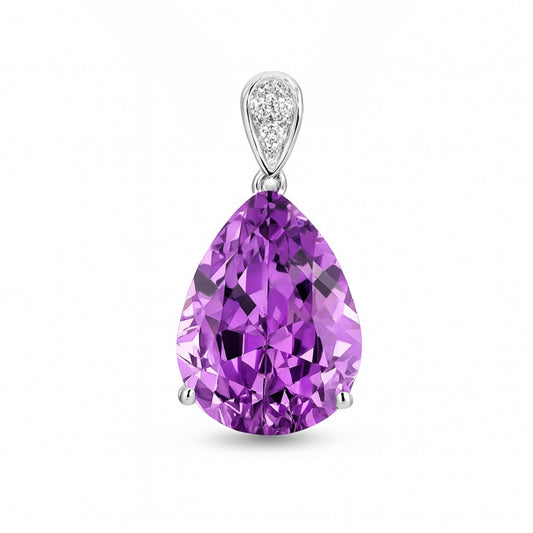 14K 19.75cttw Pear Shape Kunzite 0.08cttw White Diamonds Pendant