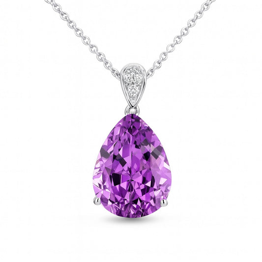 14K 19.75cttw Pear Shape Kunzite 0.08cttw White Diamonds Pendant