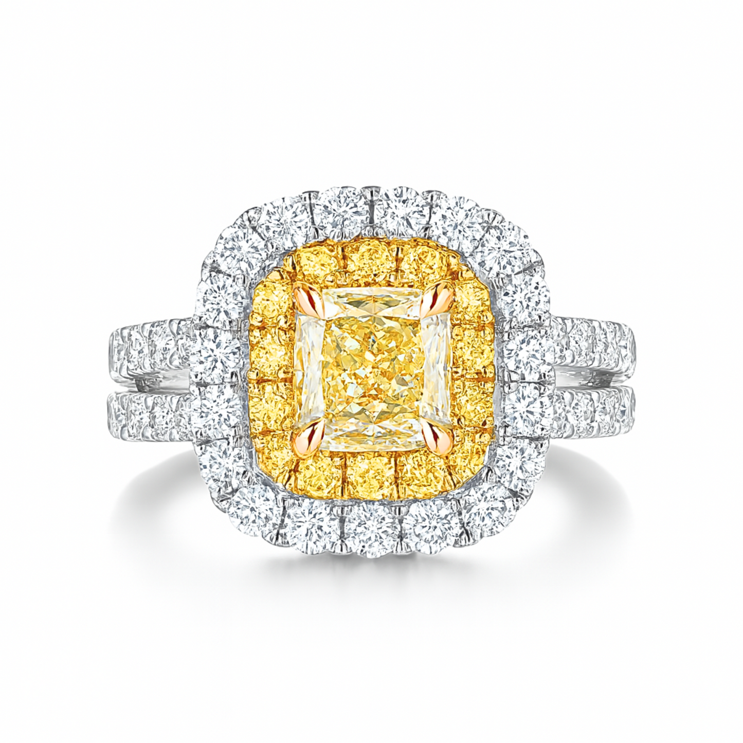14K 1.01ct Cushion VS Yellow Diamond 0.32cttw VS Yellow Diamonds 1.06cttw VS White Diamonds Ring