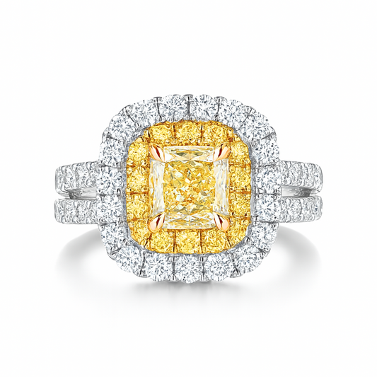 14K 1.01ct Cushion VS Yellow Diamond 0.32cttw VS Yellow Diamonds 1.06cttw VS White Diamonds Ring