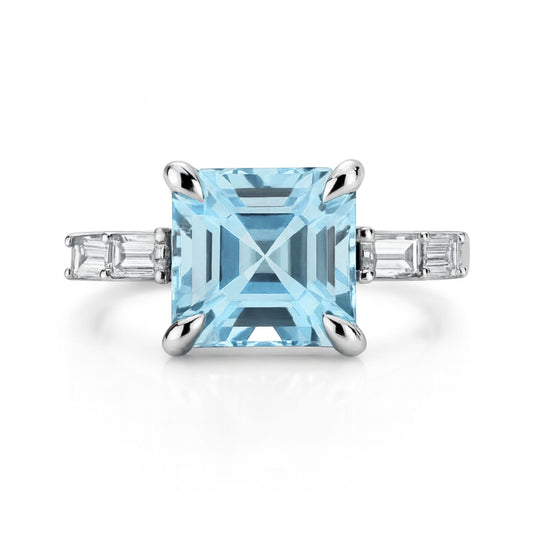 14K 2.00ct Asscher Cut Santa Maria Aquamarine 0.23cttw Baguette VS White Diamond Ring