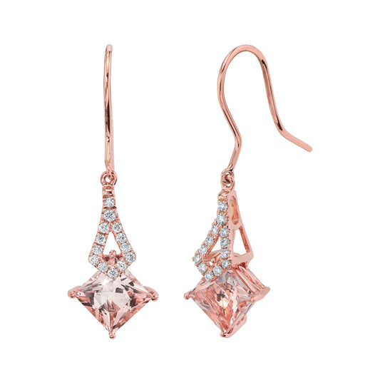 14K 2.00cttw Princess Cut Morganite 0.14cttw VS White Diamonds Drop Earrings