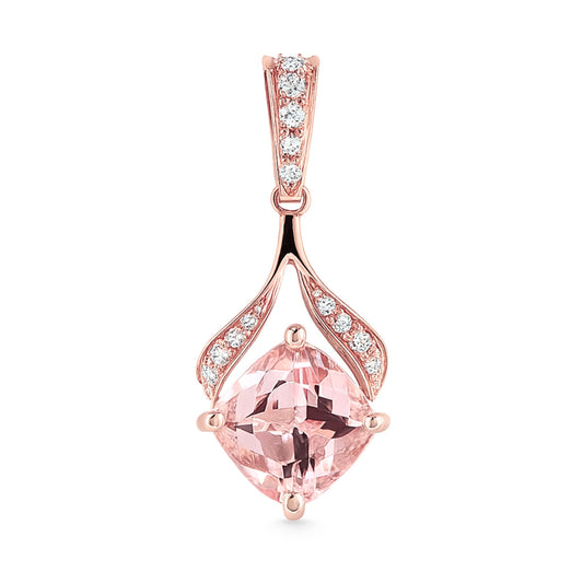 14K 2.15ct Cushion Pink Morganite 0.14cttw VS White Diamonds Pendant
