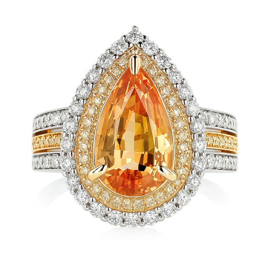 14K 2.15ct Pear Shape Unheated Orange Sapphire 1.02cttw VS Yellow & White Diamond Ring