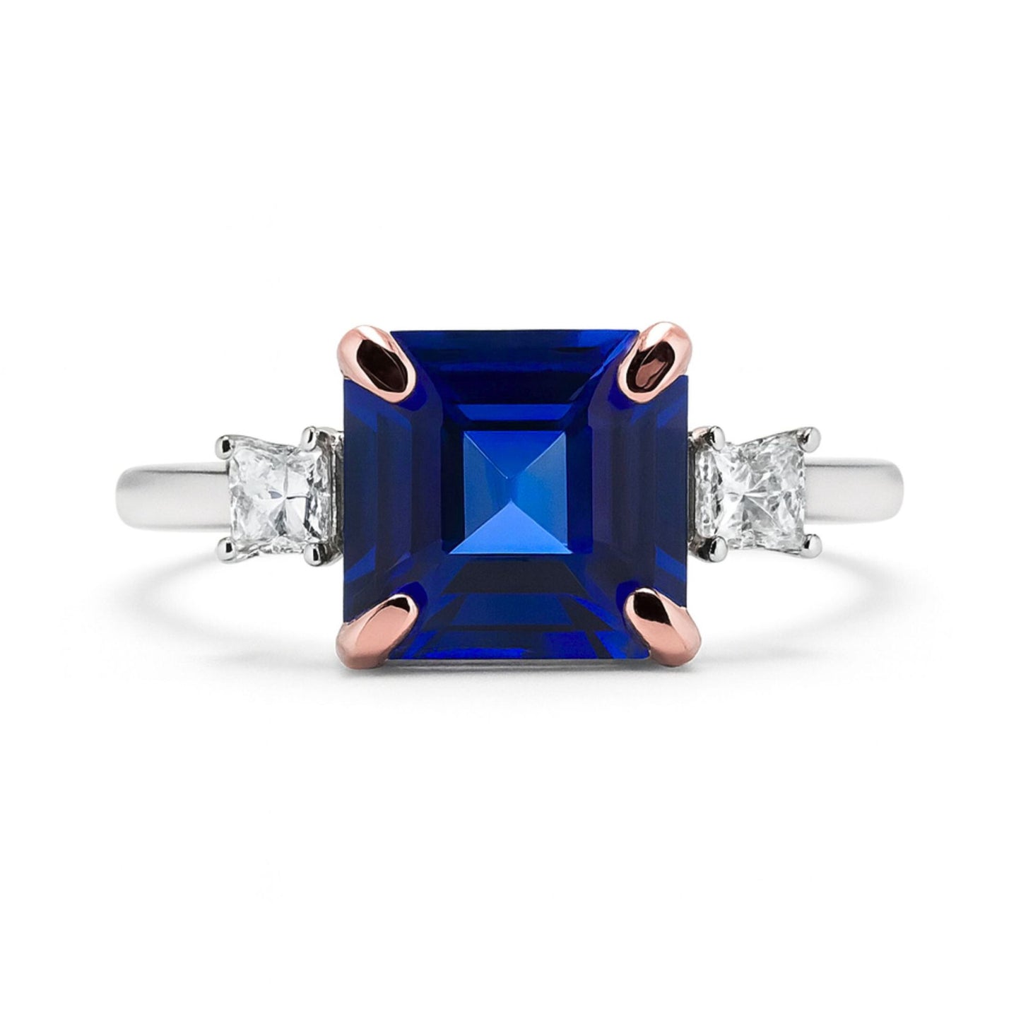 14K 2.32ct Asscher Cut Blue Wing Tanzanite 0.23cttw Princess Cut VS White Diamond Ring