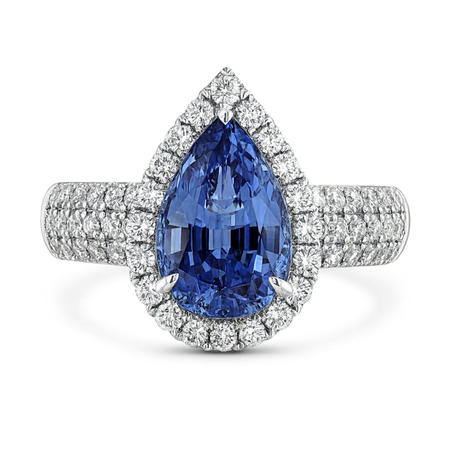14K 2.43ct Pear Shape Unheated Cornflower Blue Sapphire 0.86cttw VS White Diamonds Ring