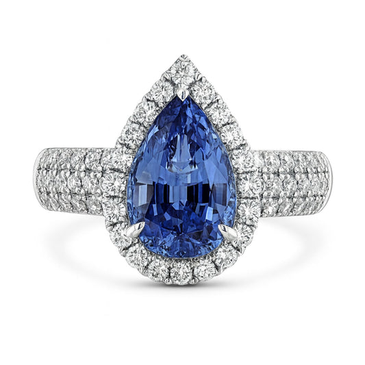 14K 2.43ct Pear Shape Unheated Cornflower Blue Sapphire 0.86cttw VS White Diamonds Ring