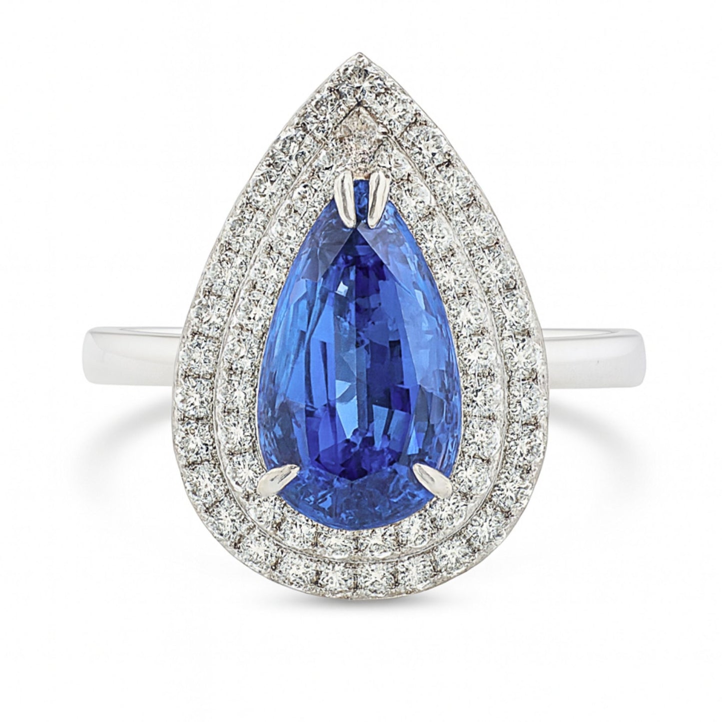 14K 2.58ct Pear Shape Unheated Cornflower Blue Sapphire 0.53cttw VS White Diamonds Ring