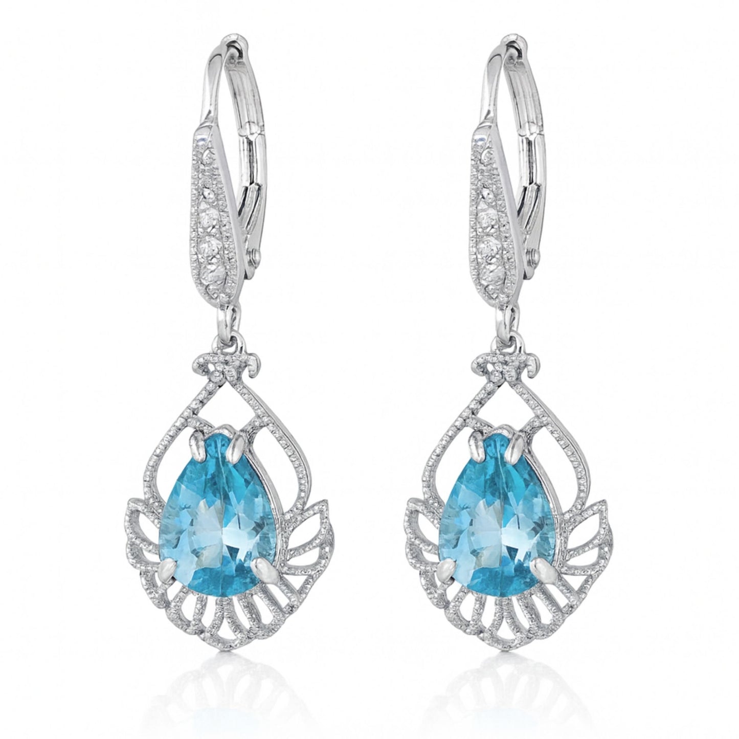 14K 2.73cttw Pear Shape Blue Zircon 0.07cttw VS White Diamonds Drop Earrings