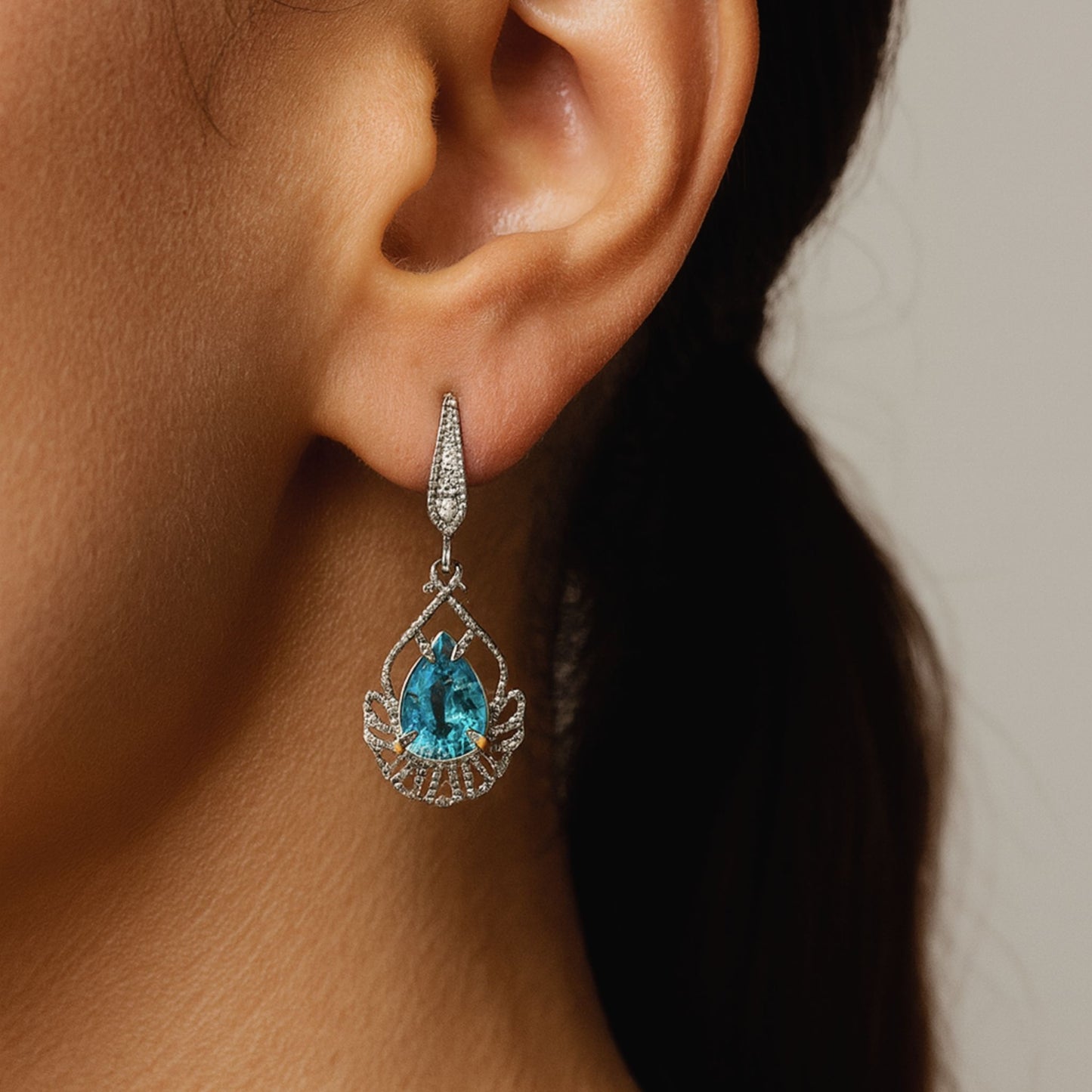 14K 2.73cttw Pear Shape Blue Zircon 0.07cttw VS White Diamonds Drop Earrings