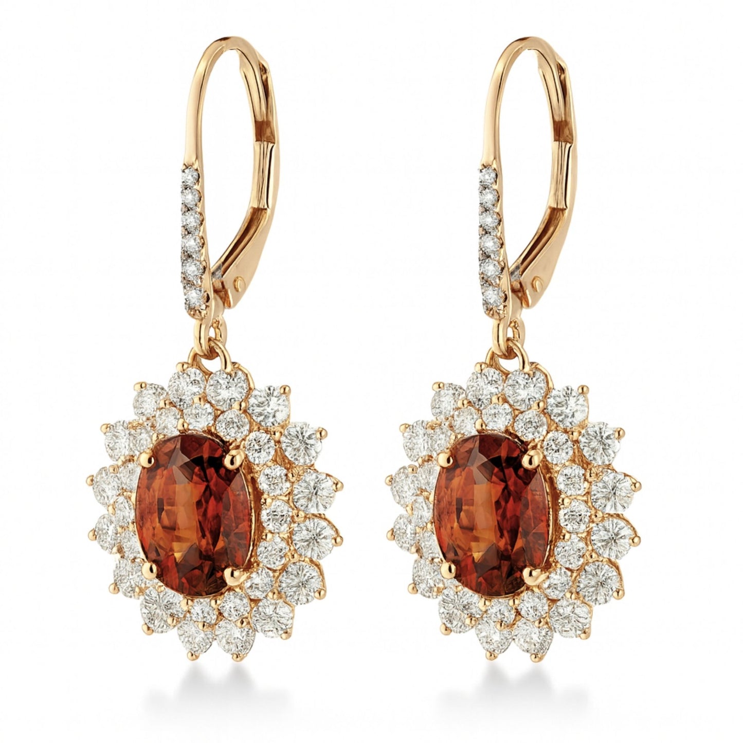 14K 2.87cttw Oval Malaya Garnet 1.97cttw VS White Diamonds Drop Earrings