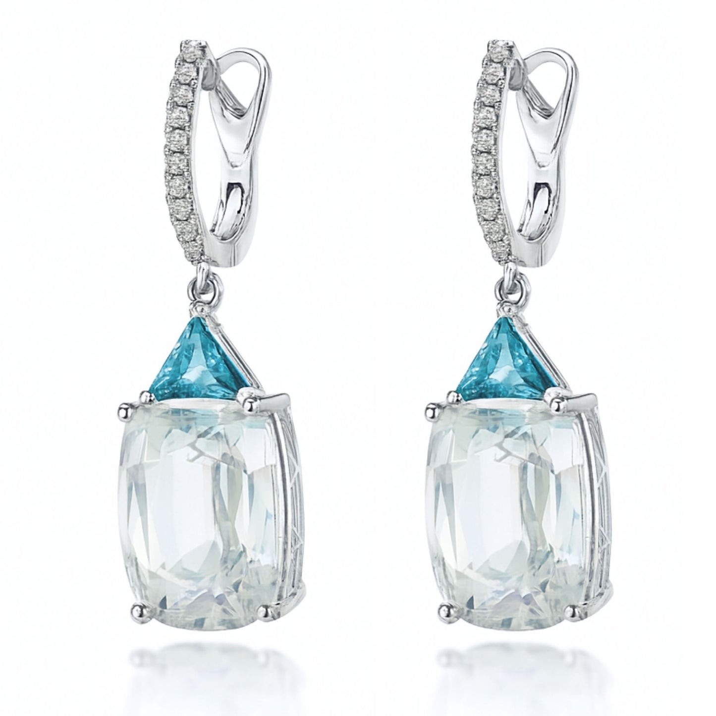 14K 20.80cttw Cushion White Zircon 1.08cttw Trilliant Blue Zircon 0.17cttw White Diamonds Drop Earrings