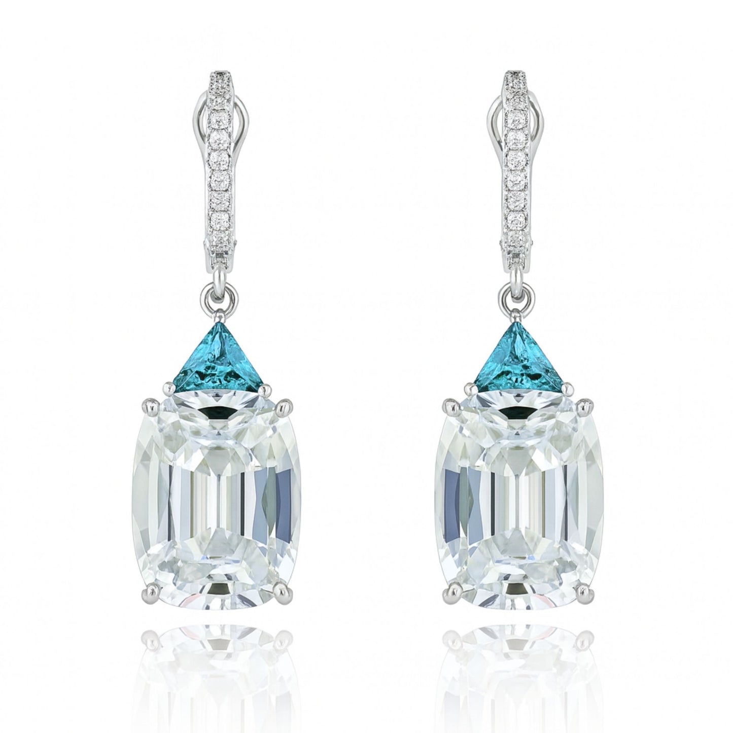 14K 20.80cttw Cushion White Zircon 1.08cttw Trilliant Blue Zircon 0.17cttw White Diamonds Drop Earrings