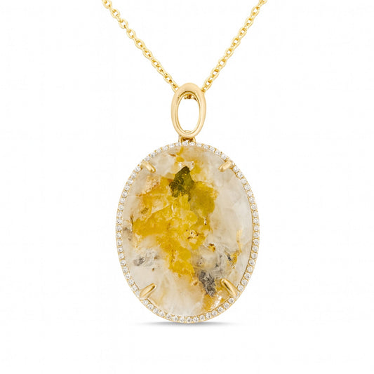 14K 22.87ct Oval Natural Gold Quartz 0.34cttw VS White Diamonds Pendant
