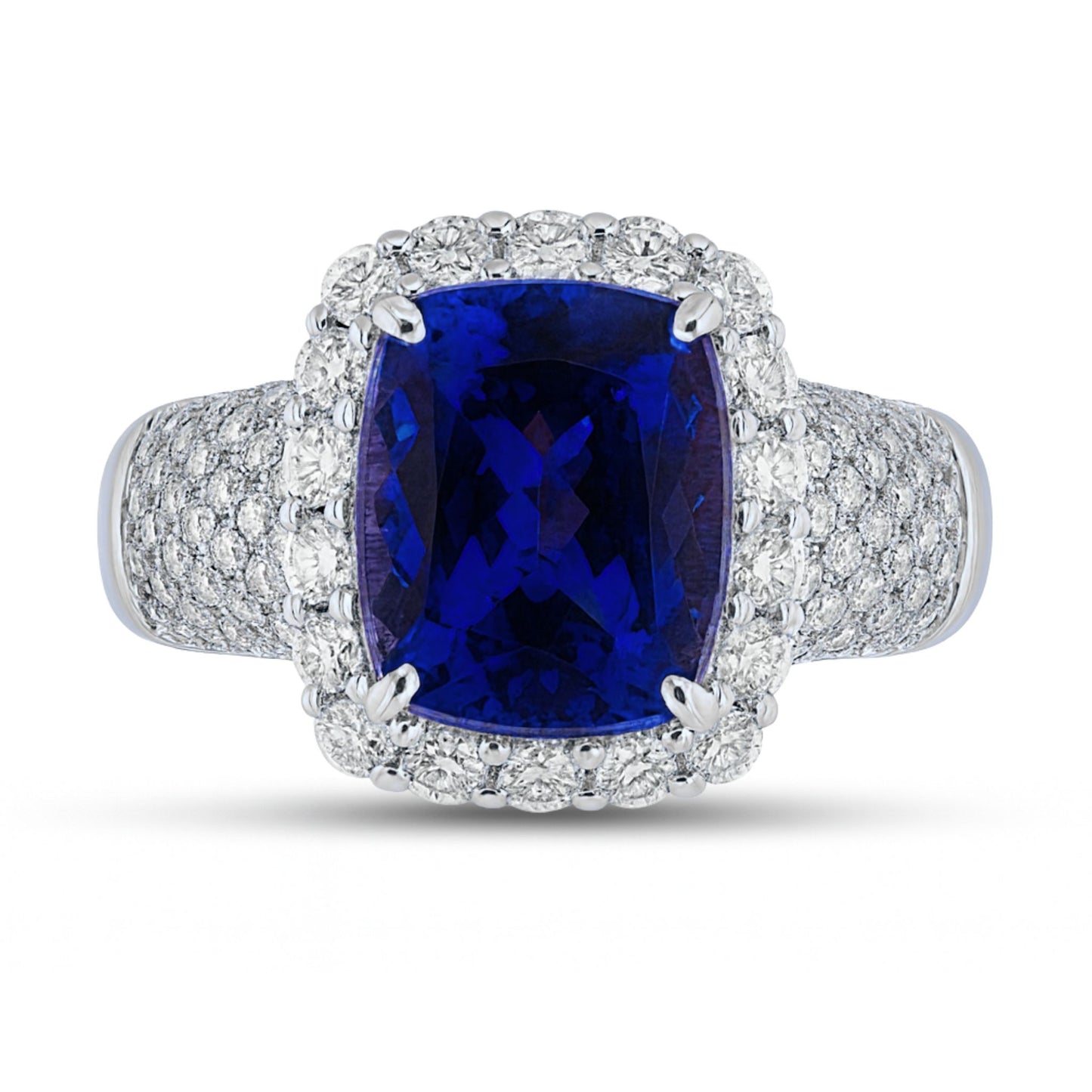 14K 3.09ct Cushion Blue Wing Tanzanite 0.82cttw VS White Diamonds Ring