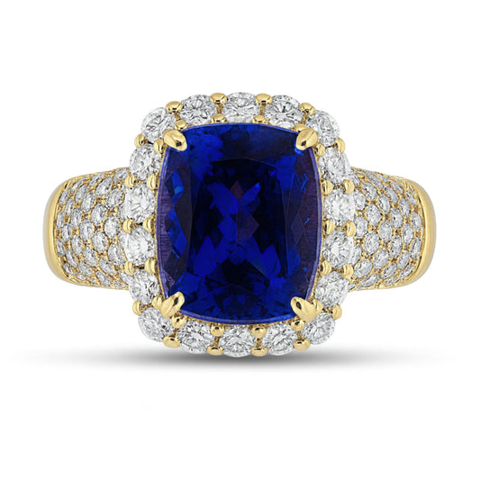 14K 3.09ct Cushion Blue Wing Tanzanite 0.82cttw VS White Diamonds Ring
