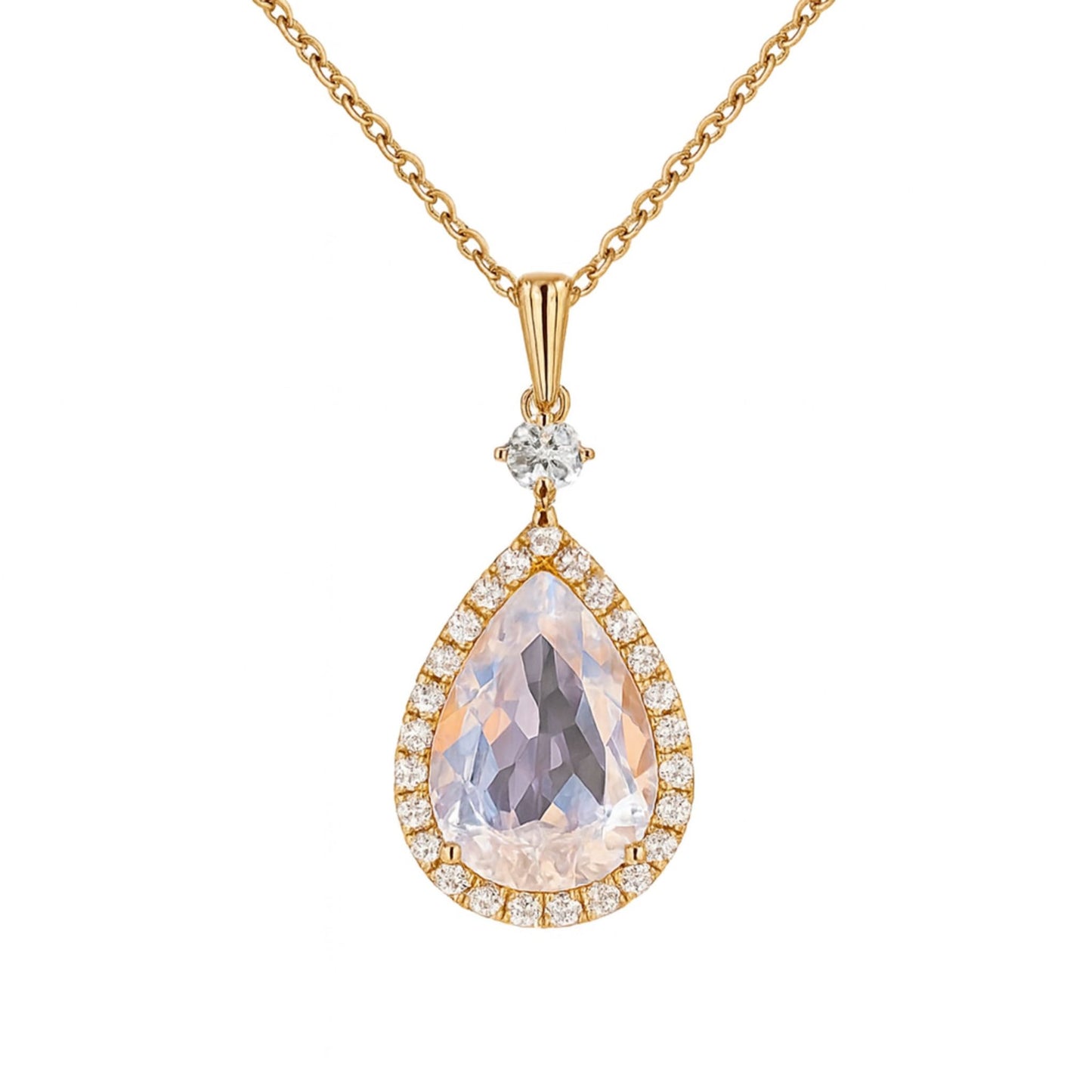 14K 3.32ct Pear Shape Rainbow Moonstone 0.37cttw White Diamonds Necklace
