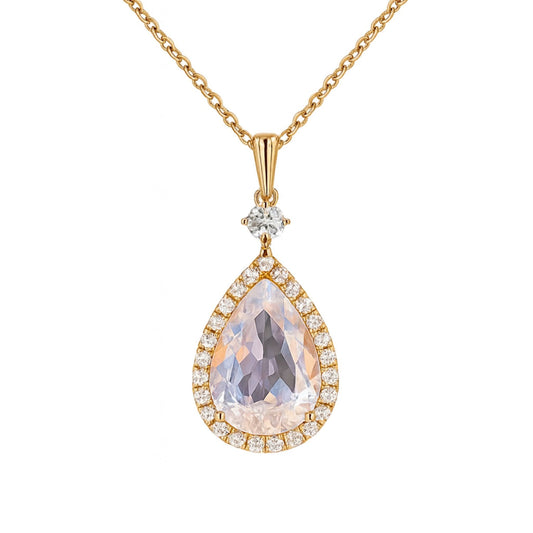 14K 3.32ct Pear Shape Rainbow Moonstone 0.37cttw White Diamonds Necklace
