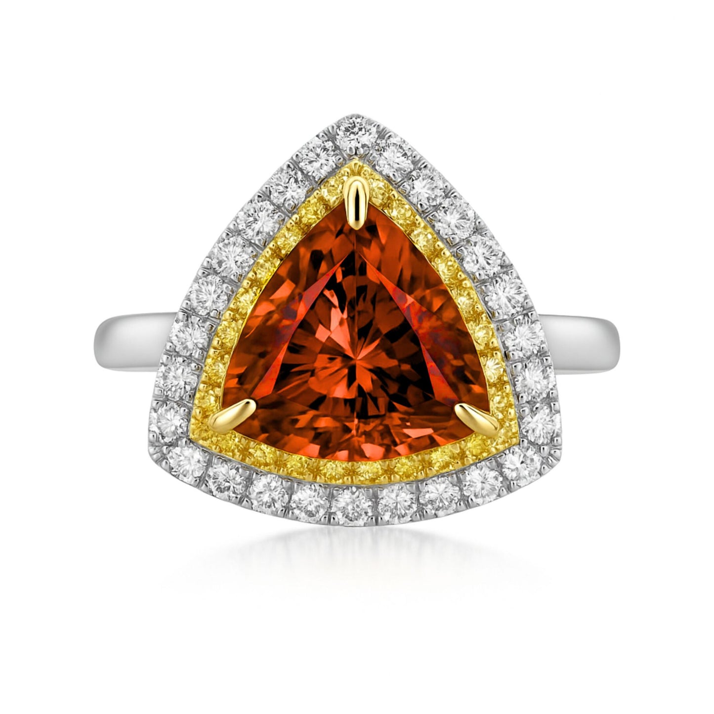 14K 3.47ct Trilliant Mandarin Garnet 0.59cttw Yellow & White Diamonds Ring