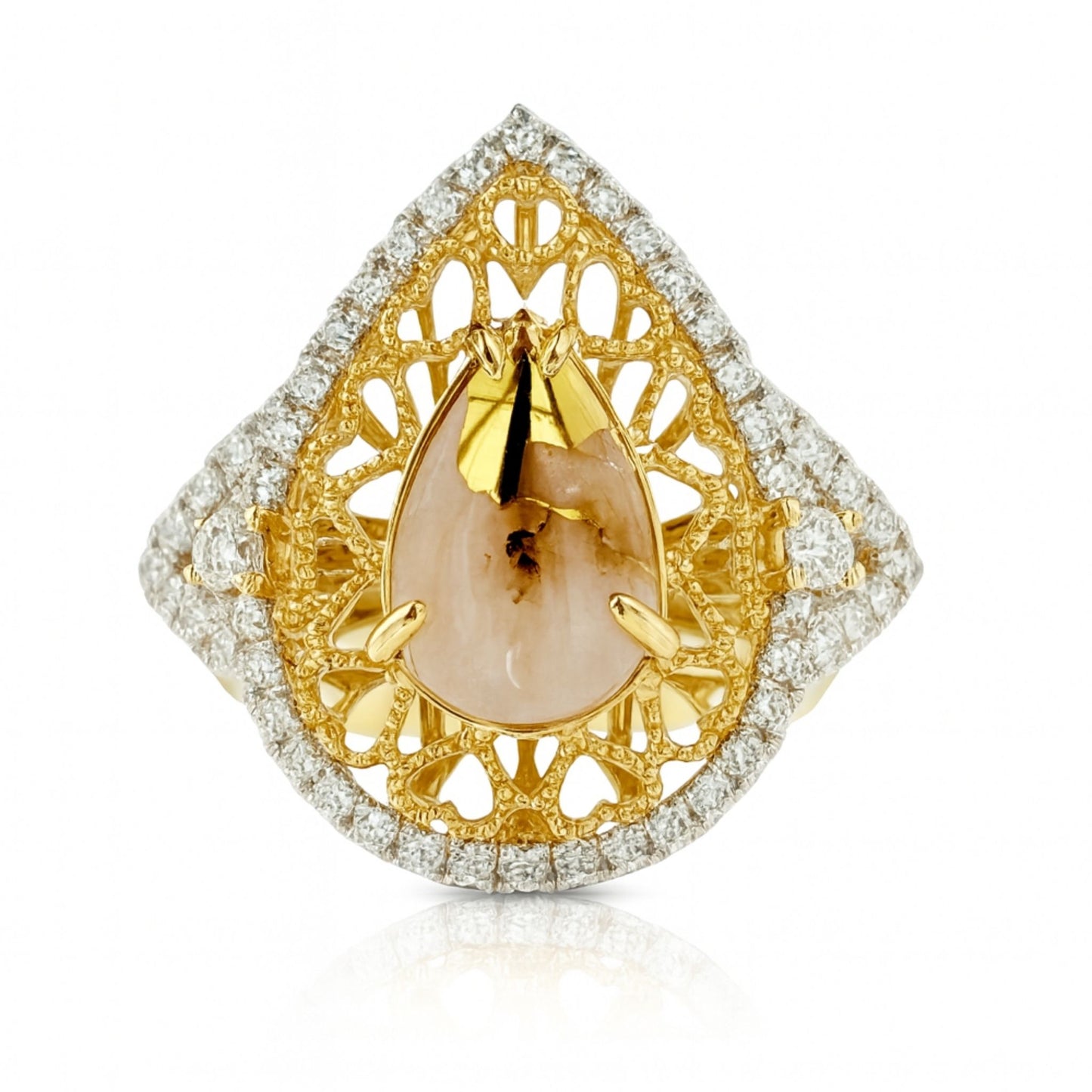 14K 3.83ct Pear Shape Natural Gold Quartz 0.46cttw VS White Diamonds Ring