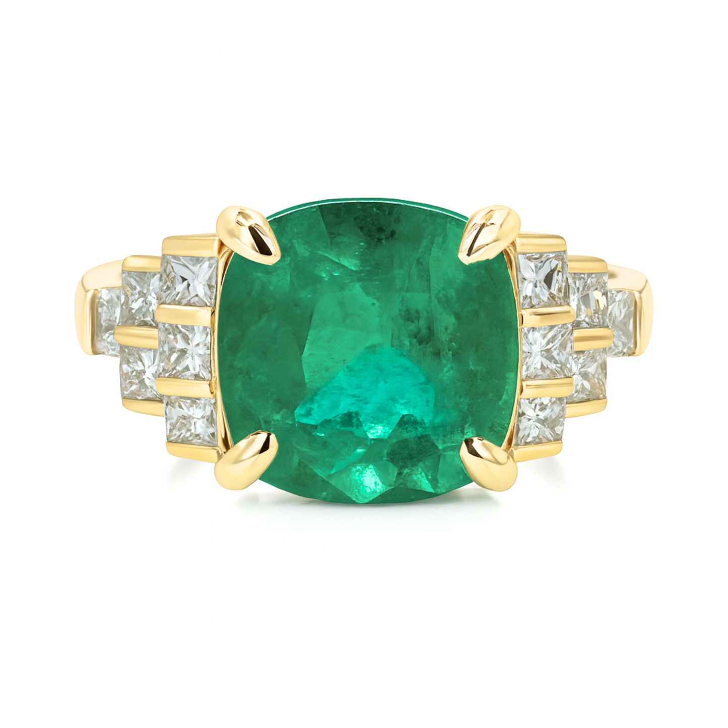 14K 3.93ct Cushion Colombian Emerald 0.55cttw VS White Diamonds Ring