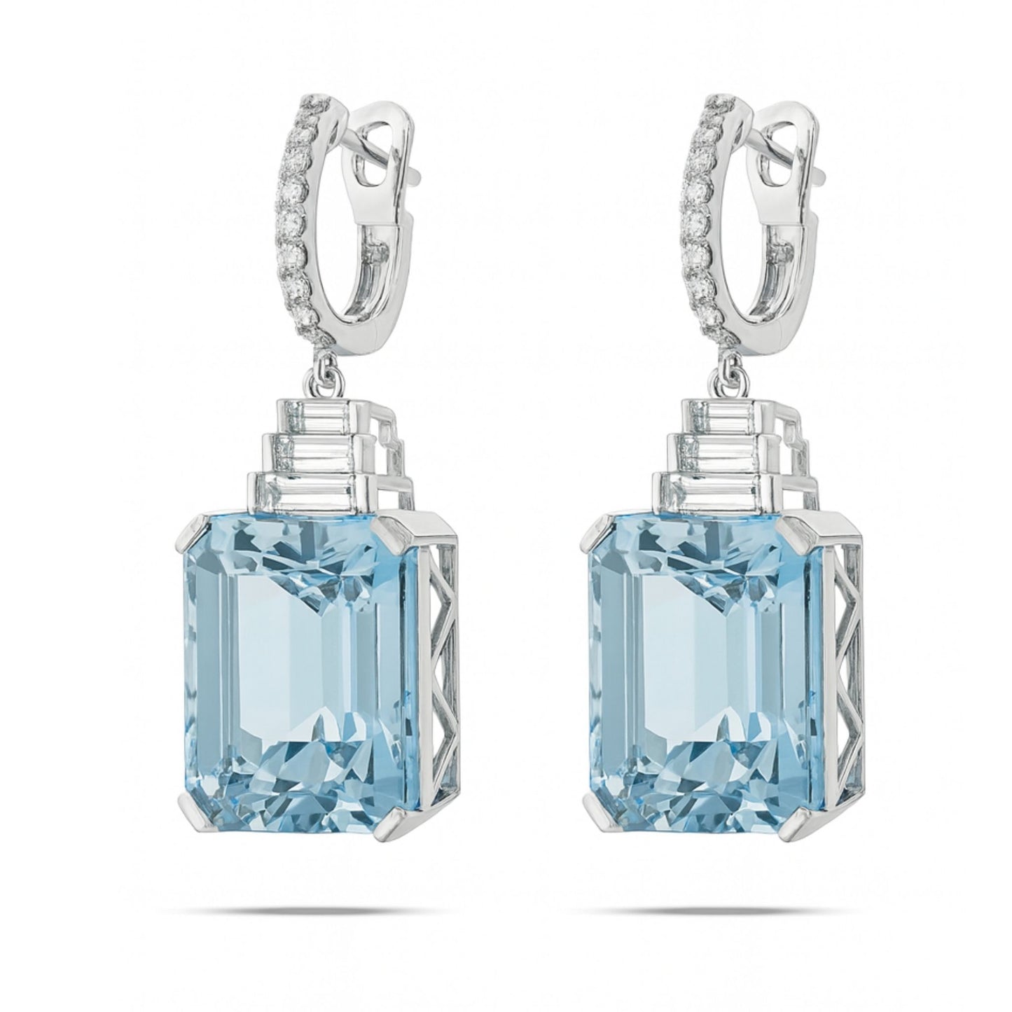 14K 36.62cttw Emerald Cut Santa Maria Aquamarine 1.01cttw VS White Diamonds Drop Earrings