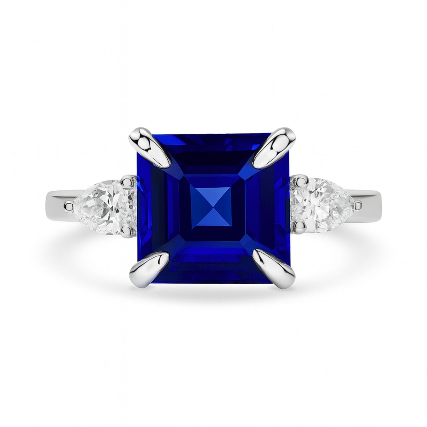 14K 4.25ct Asscher Cut Blue Wing Tanzanite 0.47cttw Pear Shape VS White Diamonds Ring