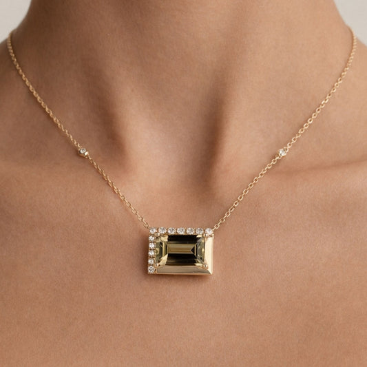 14K 4.27ct Baguette Color Change Diaspore 0.37cttw VS White Diamonds Necklace