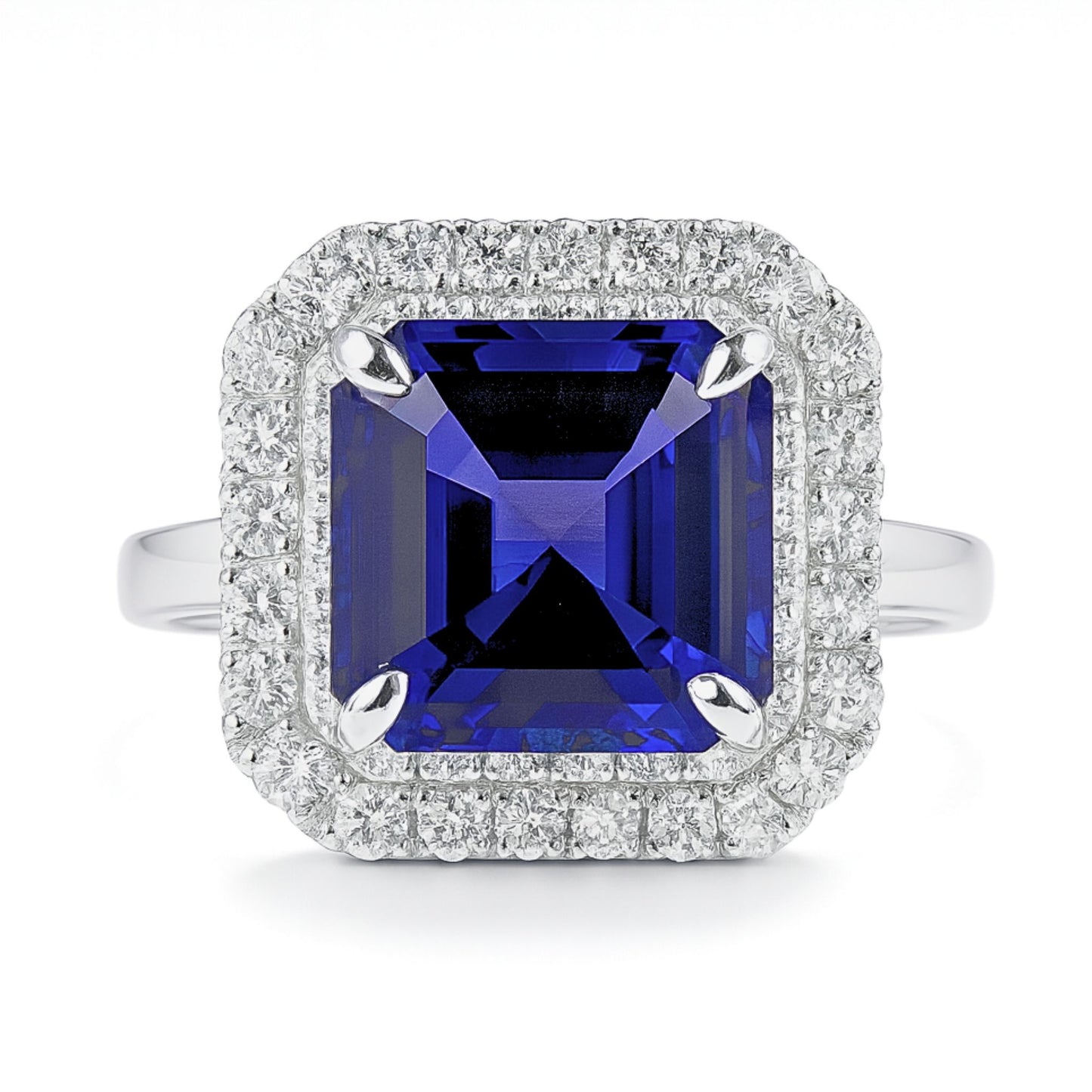 14K 5.21ct Asscher Cut Blue Wing Tanzanite 1.06cttw VS White Diamonds Ring
