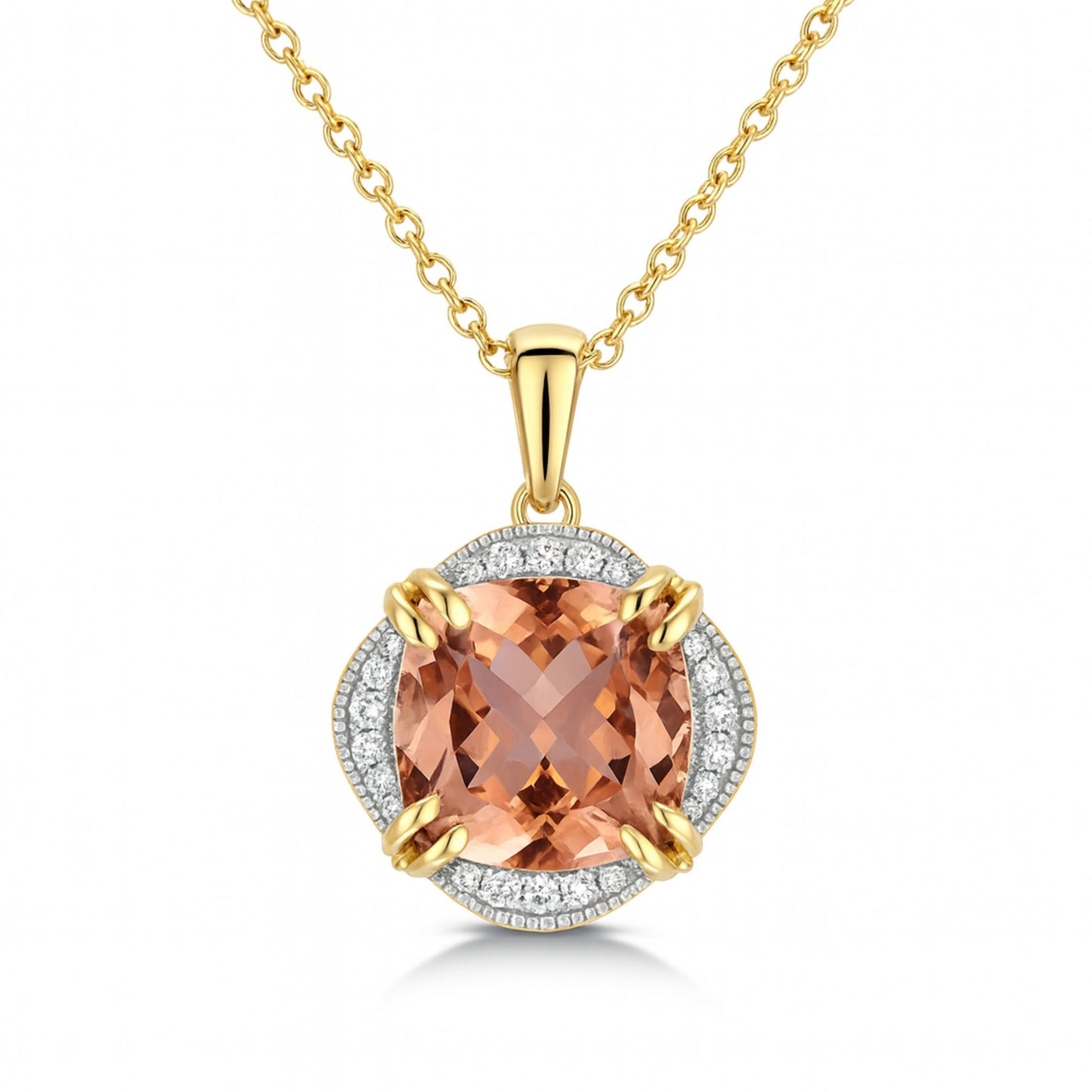 14K 5.75ct Cushion Orange Tourmaline 0.13cttw VS White Diamonds Pendant