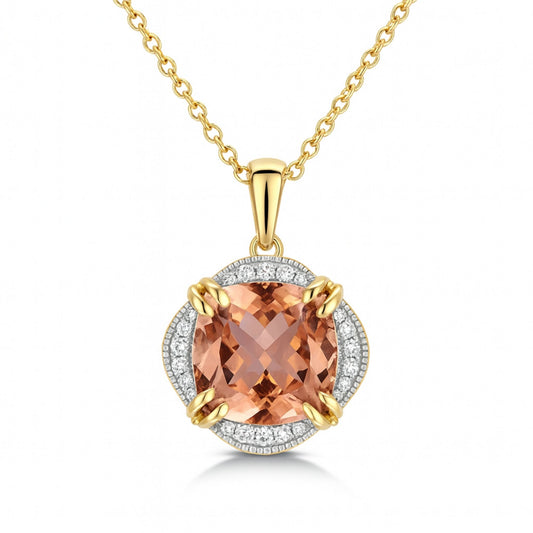 14K 5.75ct Cushion Orange Tourmaline 0.13cttw VS White Diamonds Pendant