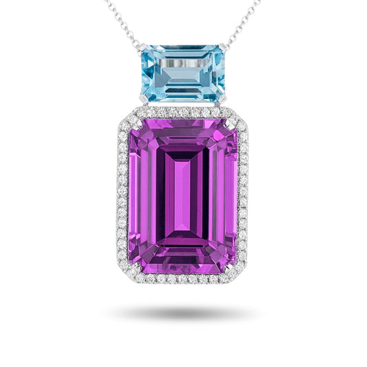 14K 59.05ct Emerald Cut Kunzite 6.49ct Emerald Cut Aquamarine 0.6cttw VS White Diamonds Pendant