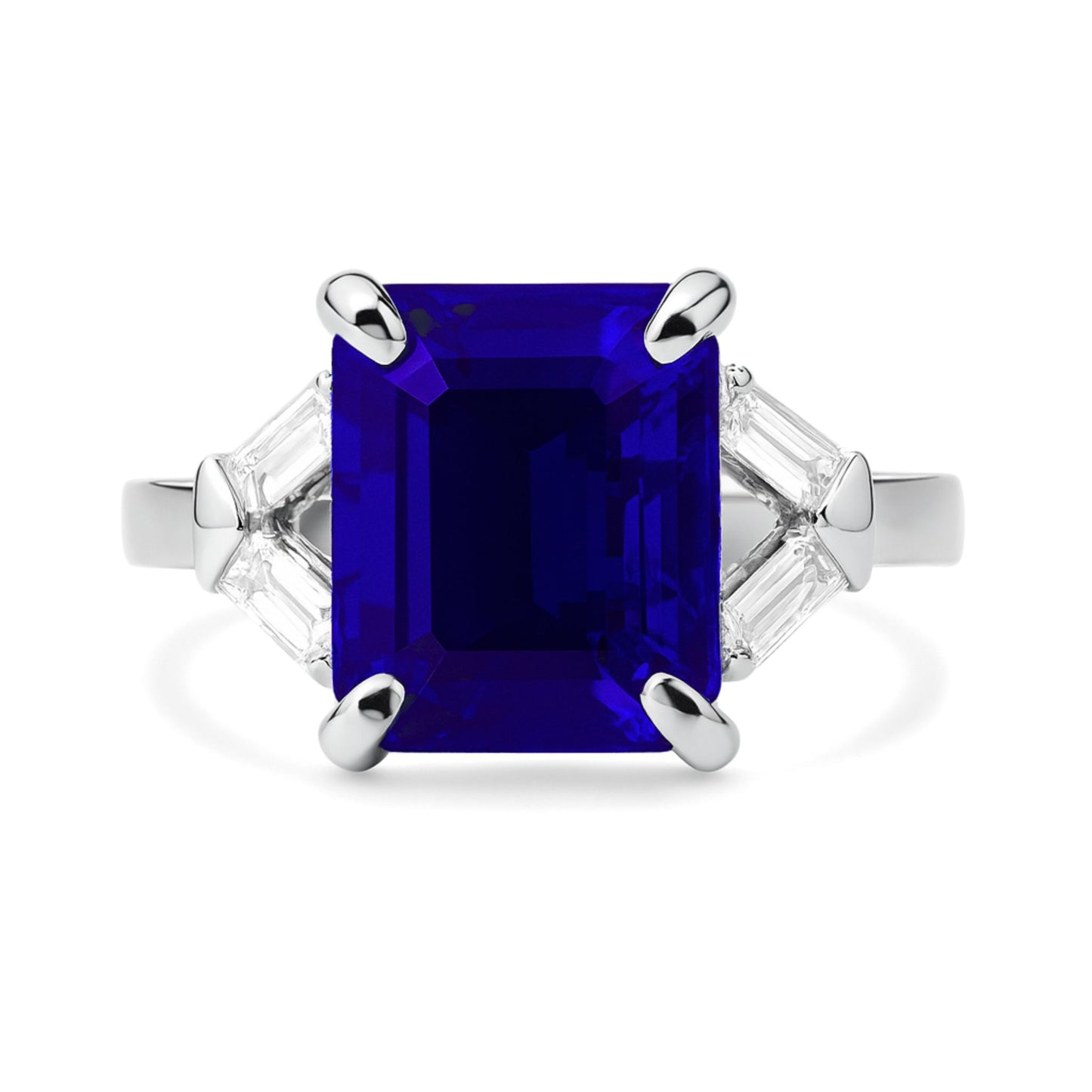 14K 6.31ct Emerald Cut Blue Wing Tanzanite 0.35cttw VS Baguette White Diamond Ring
