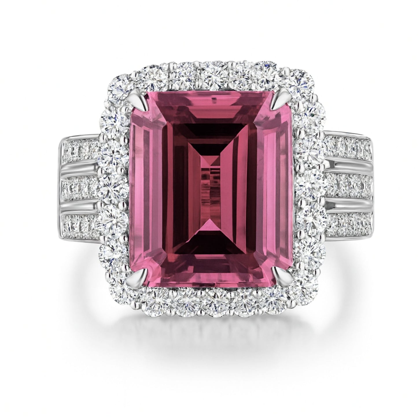 14K 6.83ct Emerald Cut Hot Pink Tourmaline 1.56cttw VS White Diamonds Ring