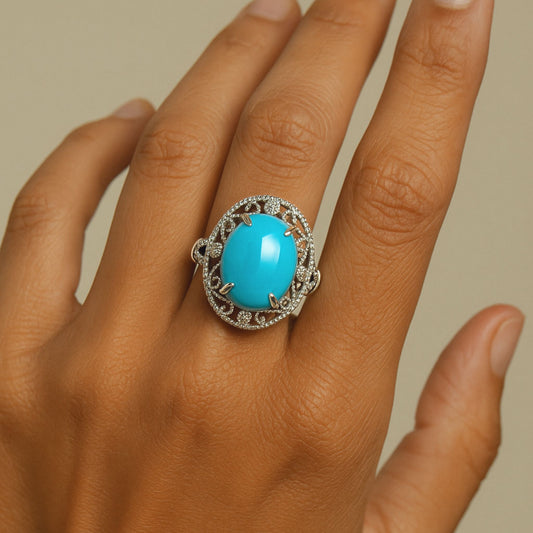 14K 6.84ct Oval Sleeping Beauty Turquoise 0.06cttw VS White Diamonds Ring