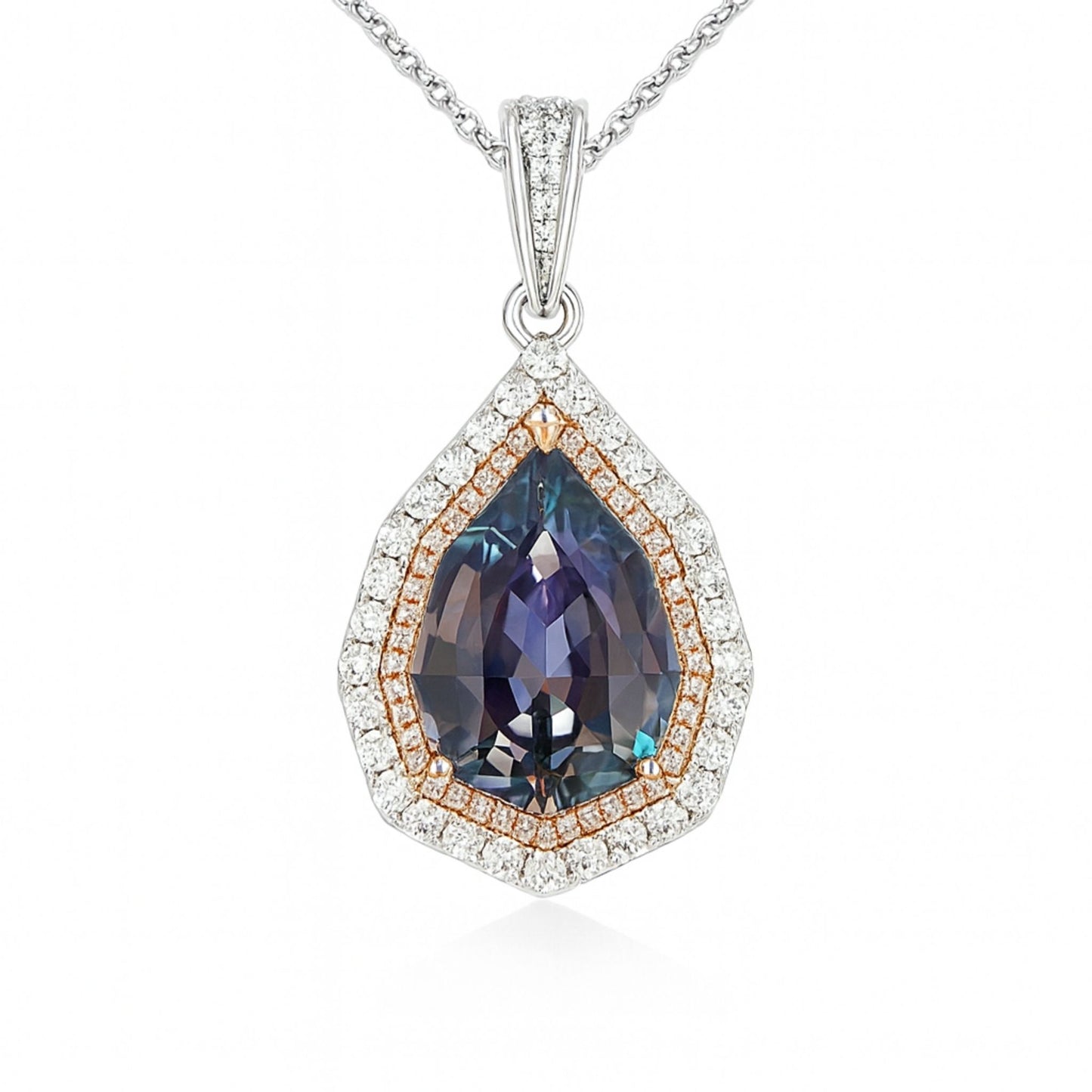 14K 7.31ct Fancy Cut Unheated Tanzanite 0.98cttw VS Pink & White Diamonds Pendant