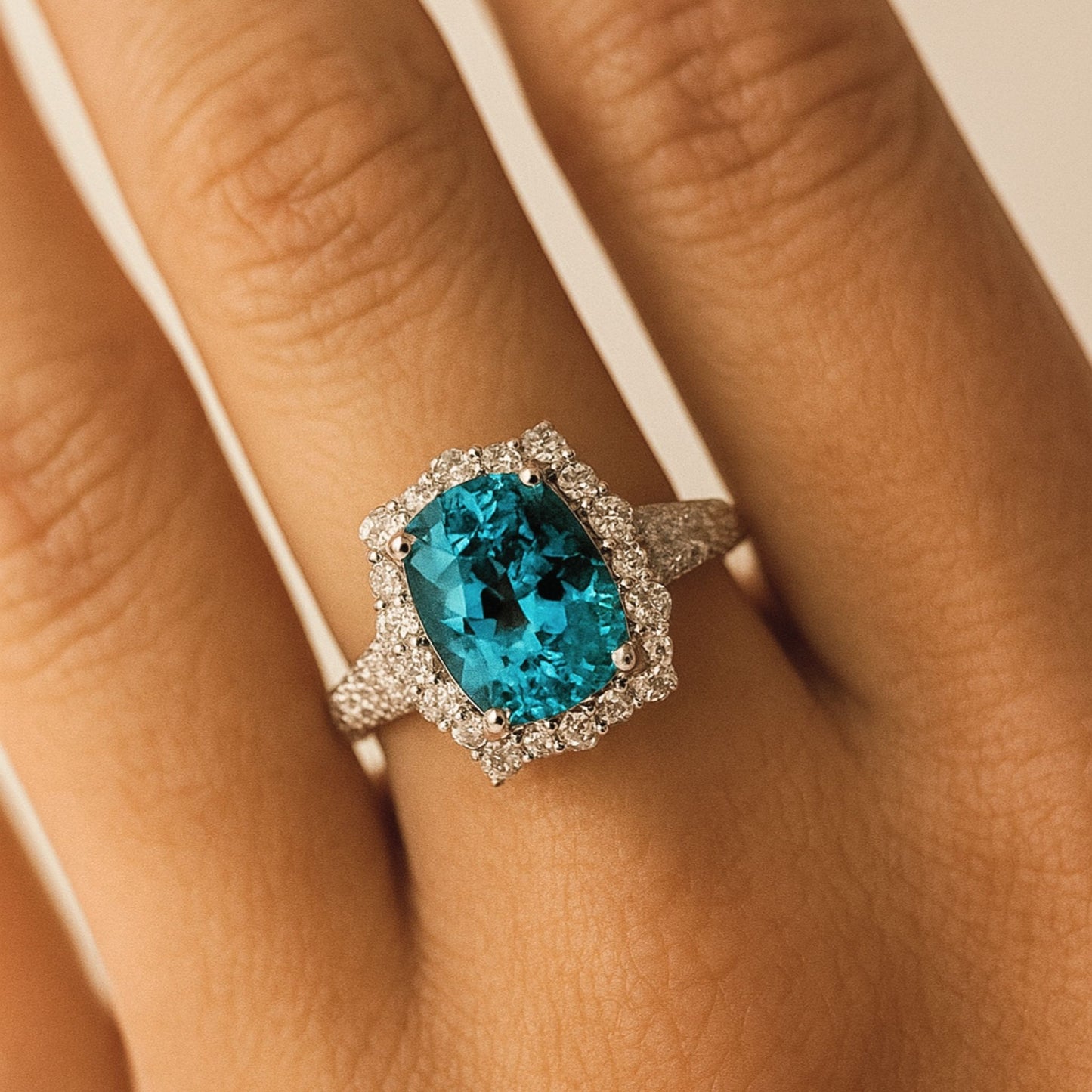 14K 7.72ct Cushion Blue Zircon 1.01cttw VS White Diamonds Ring