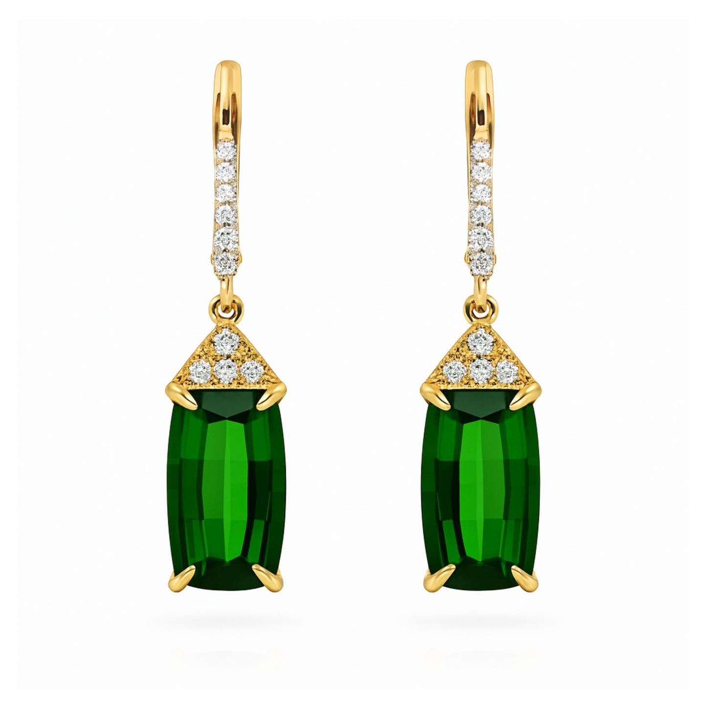 14K 7.83cttw Cushion Green Tourmaline 0.20cttw VS White Diamonds Drop Earrings