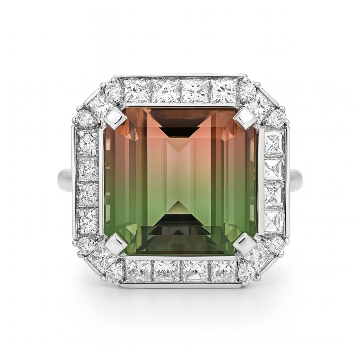 14K 8.21ct Emerald Cut Bi-Color Tourmaline 1.26cttw VS White Diamonds Ring