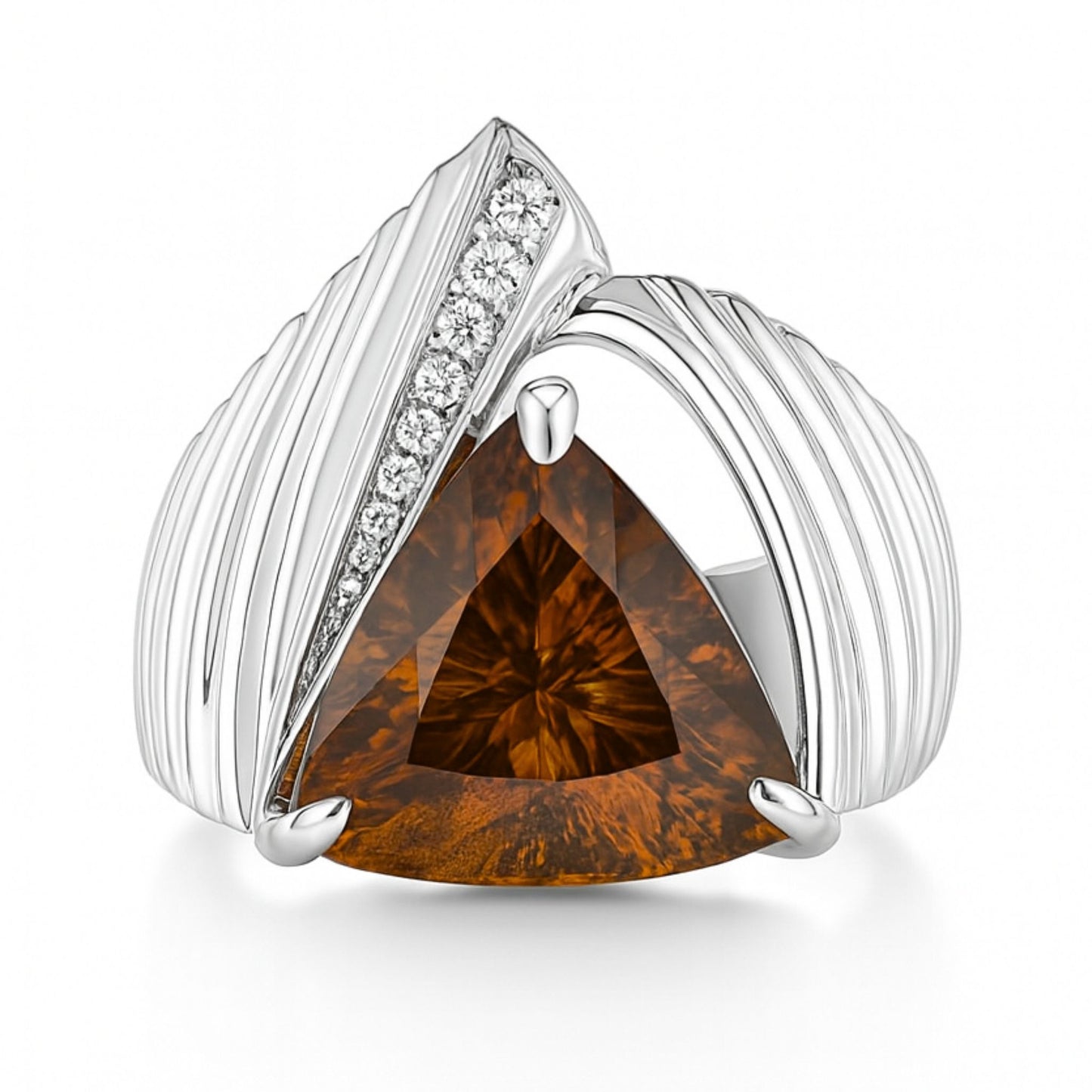 14K 9.47ct Trilliant Fancy Golden Zircon 0.09cttw VS White Diamonds Ring