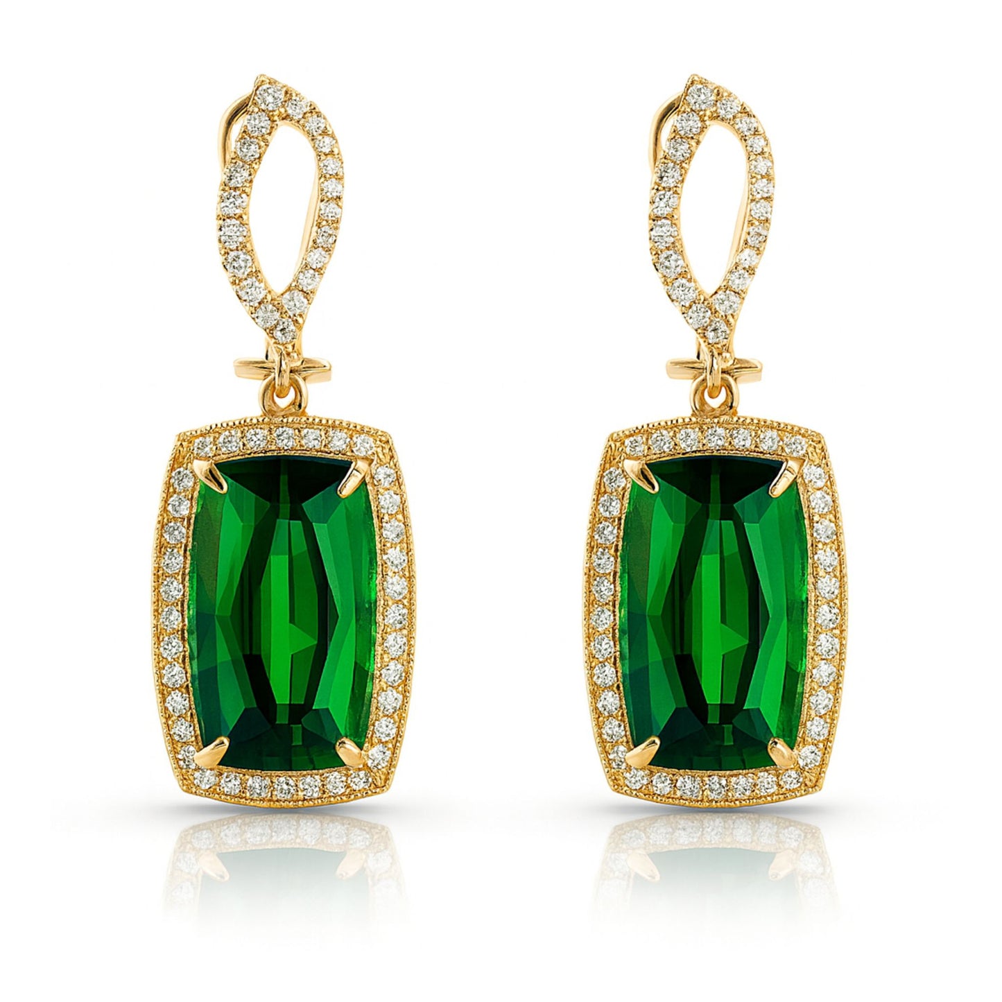 14K 9.55cttw Cushion Green Tourmaline 0.51cttw VS White Diamonds Drop Earrings