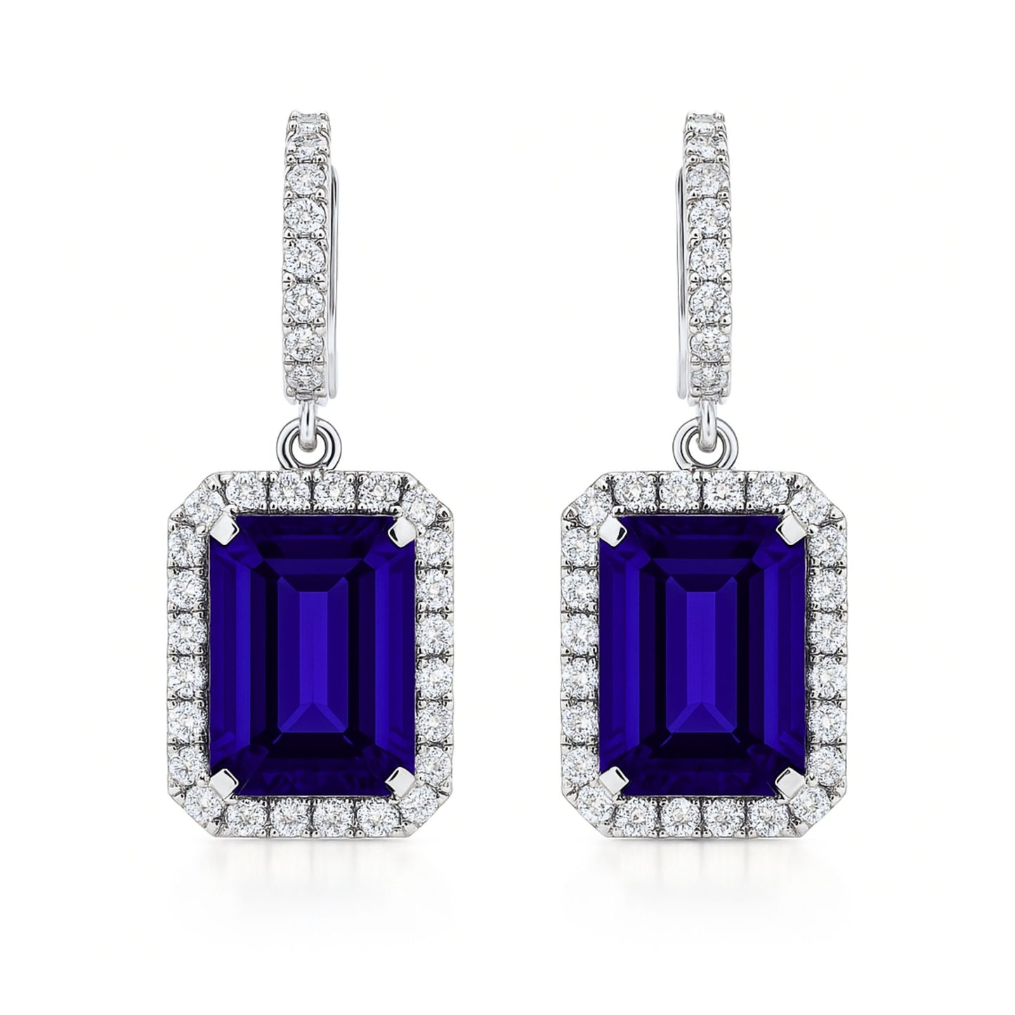 14K 9.60cttw Emerald Cut Blue Wing Tanzanite 0.76cttw VS White Diamonds Drop Earrings