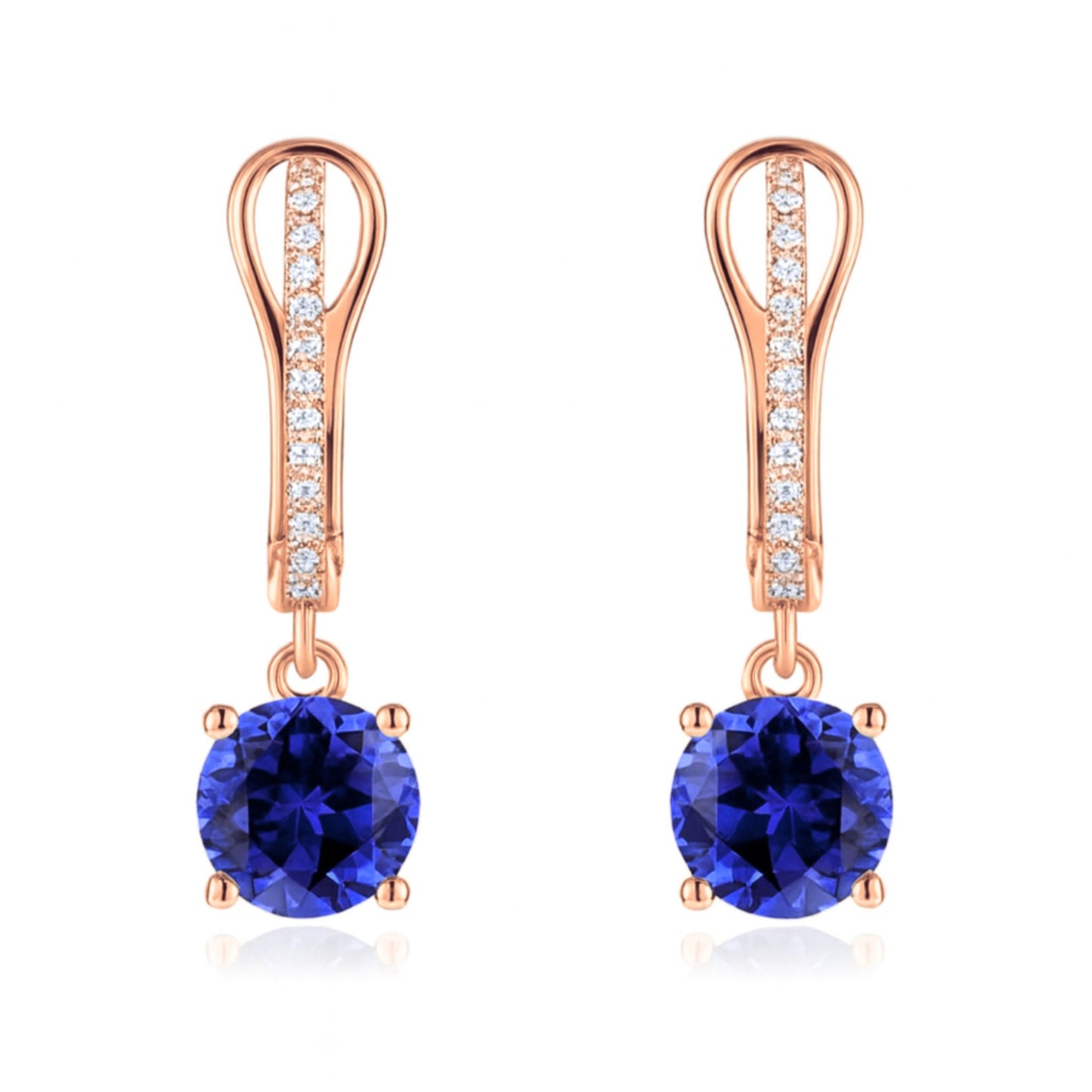 14K 1.54cttw Round Blue Wing Tanzanite 0.08cttw VS White Diamonds Drop Earrings