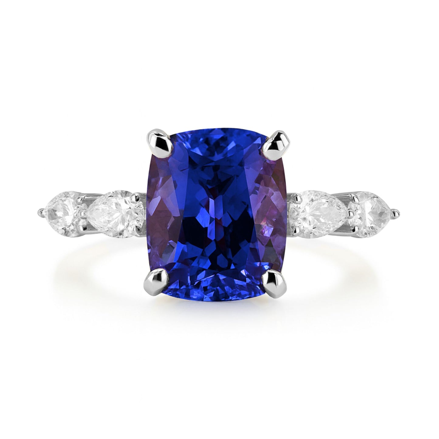 14K 3.10ct Cushion Blue Wing Tanzanite 0.47cttw Pear Shape VS White Diamond Ring