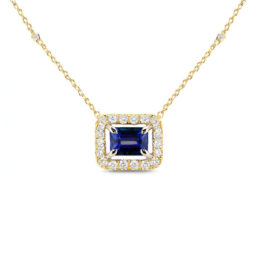 14K 1.02ct Emerald Cut Blue Wing Tanzanite 0.50cttw VS White Diamonds Necklace