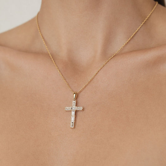 14K 1.10cttw Baguette VS White Diamond Cross Pendant