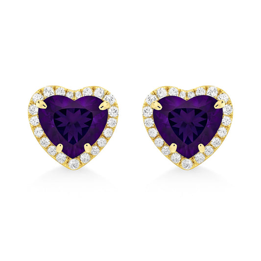 14K 1.50cttw Heart Shape Amethyst 0.33cttw VS White Diamonds Stud Earrings