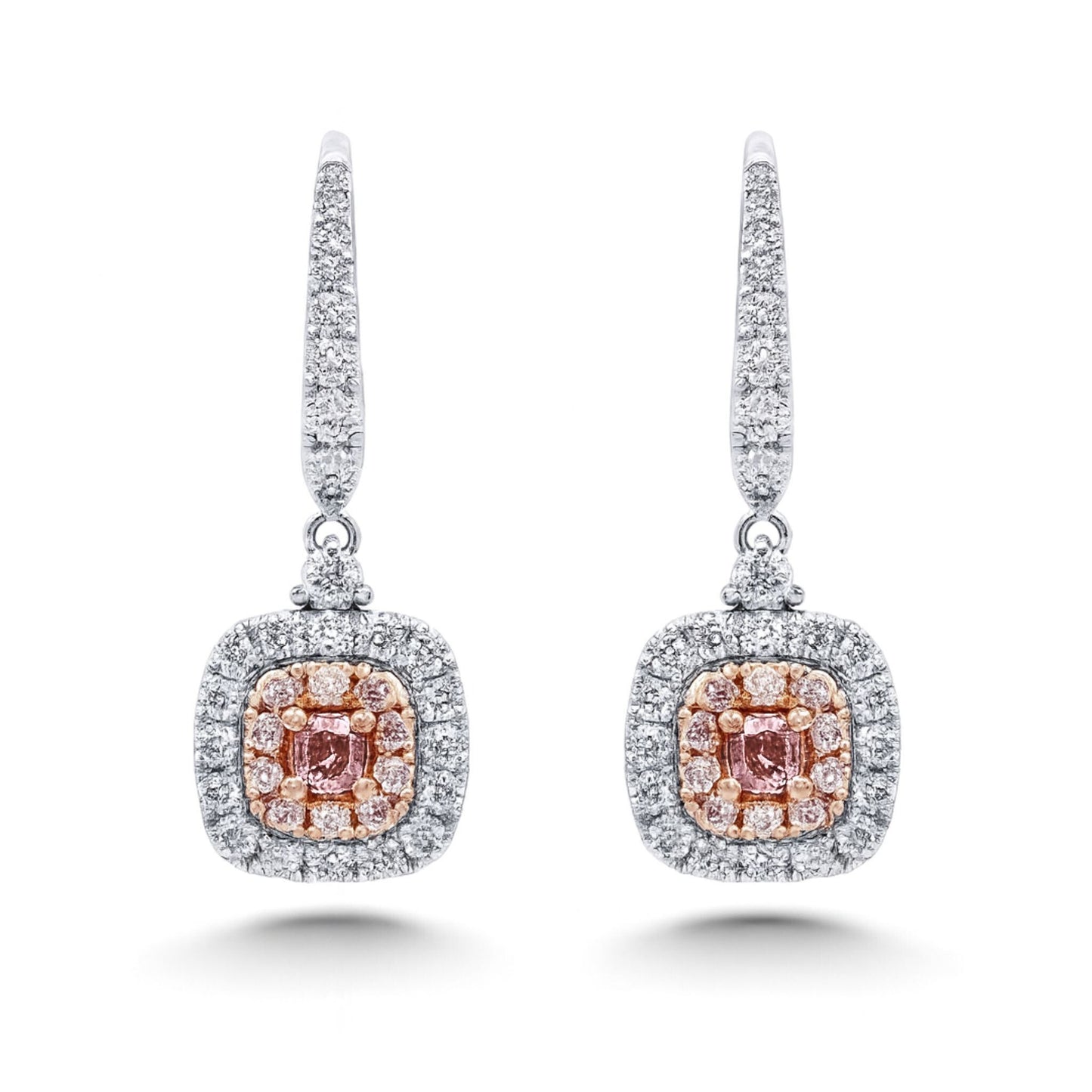 14K 0.20cttw Cushion Pink Diamond 0.69cttw Pink & White Diamonds Drop Earrings